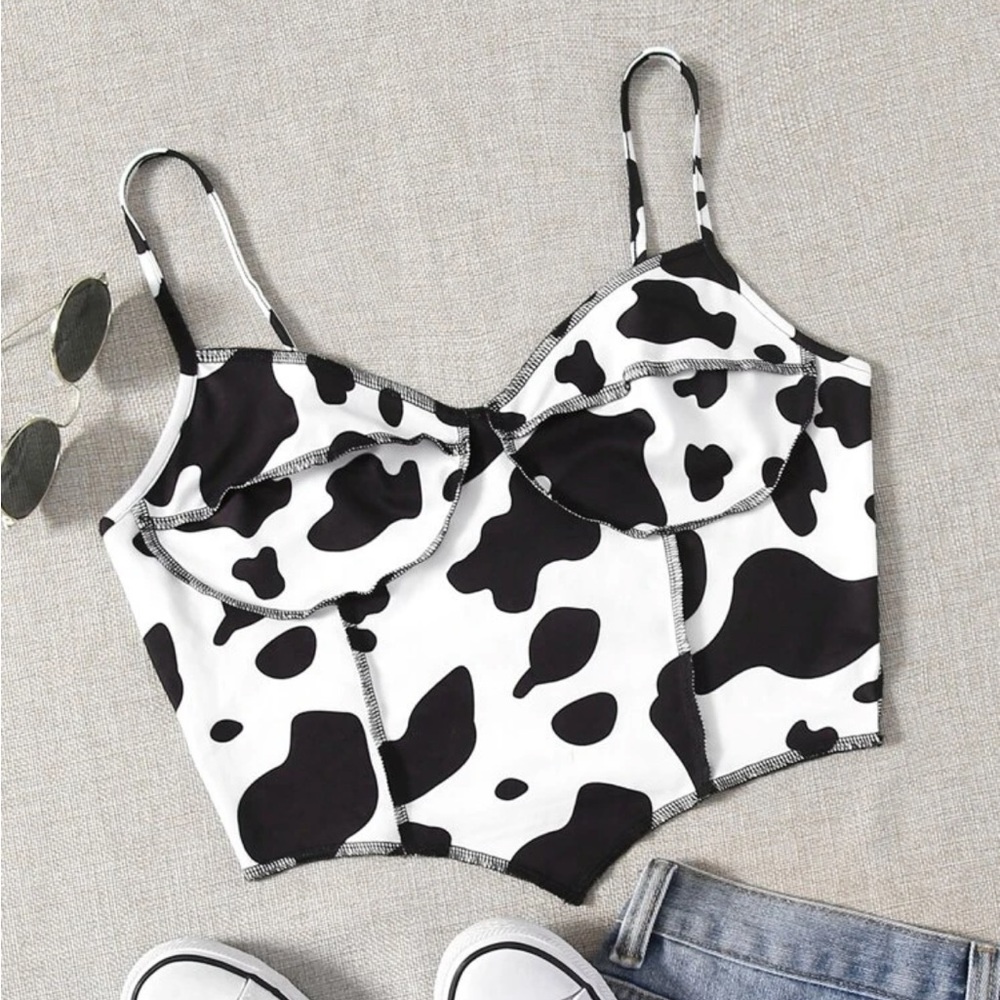 Cow print contrast stitch and asymmetrical top